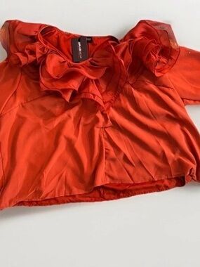XPLUSWEAR Plus Size 3XL Orange Ruffle Neck Puff Sleeve Blouse Long Sleev